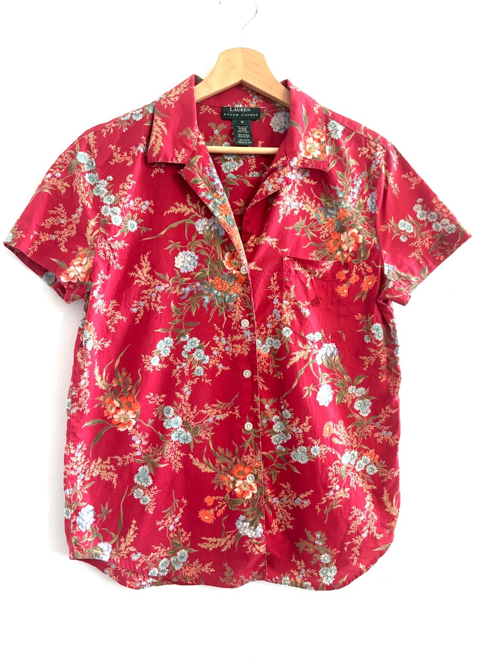 Ralph Lauren Sz M Tropical Red Americana Floral Button-Down Blouse w/Pocket Logo